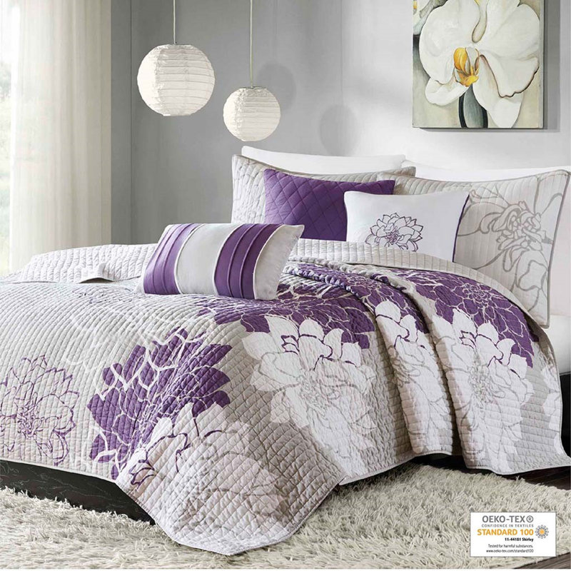 Ensemble de courtepointe en coton imprimé 6 pièces avec coussins décoratifs gris taupe / mauve double / grand