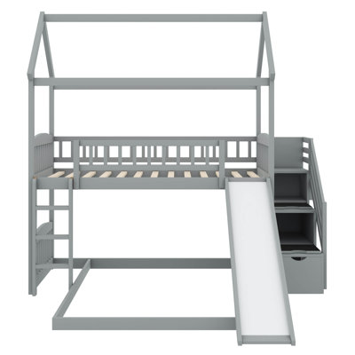 Adorable Twin Over Full House Bunk Bed With An Entertaining Slide And Convenient Stairs