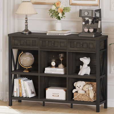Organisateur de rangement 6 cubes avec 3 tiroirs, bibliothèque horizontale industrielle, bibliothèque en bois et métal Guinna