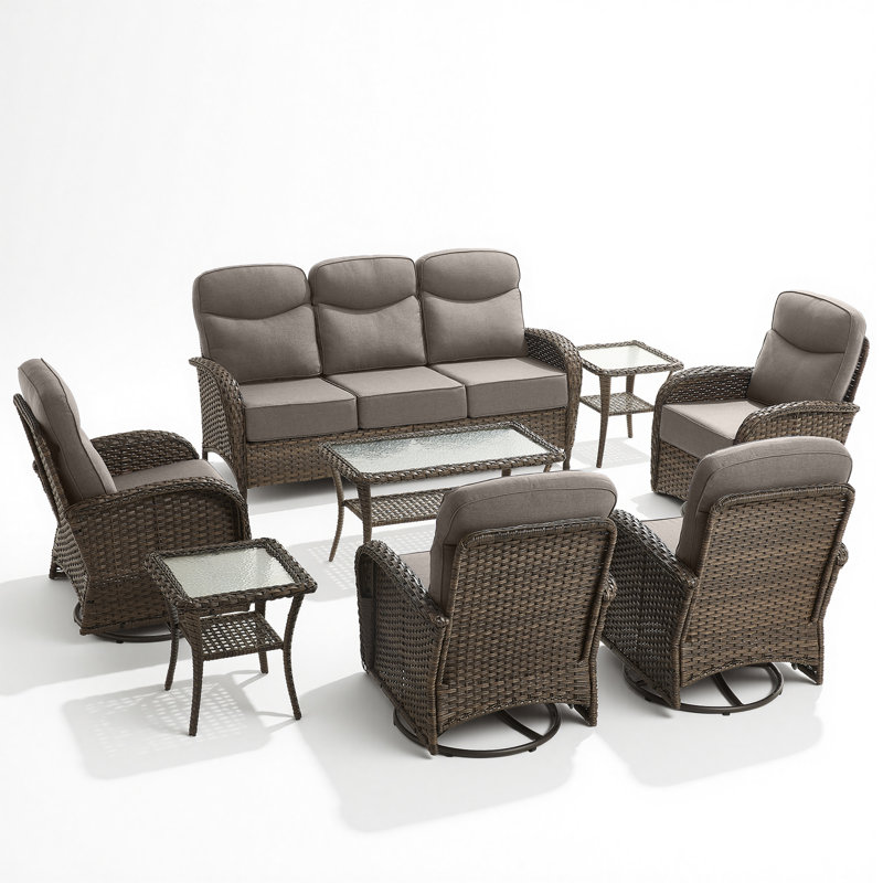 Luxury Outdoor Swivel Rocker Patio Chairs With 6-Inch Thick Cushions, High Back Swivel Glider Patio Chairs, 8PCS Wicker Outdoor Furniture Set For Porch, Patio, Yard, Deck, Poolside