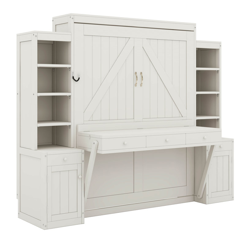 Grand lit escamotable avec bureau et rangement, lit escamotable mural avec poste de travail rabattable, tablettes et armoires