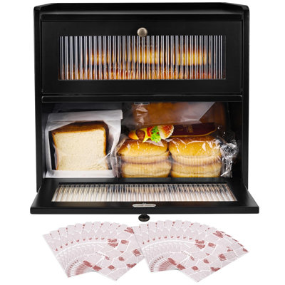 Wooden Bread Box for Kitchen Countertop, Large Double Layer, Food-Safe Pine Wood, Double-Row Ventilation, Strong Acrylic Window, Raised Top Shelf, Easy Care, Farmhouse Corner Container, (Black)