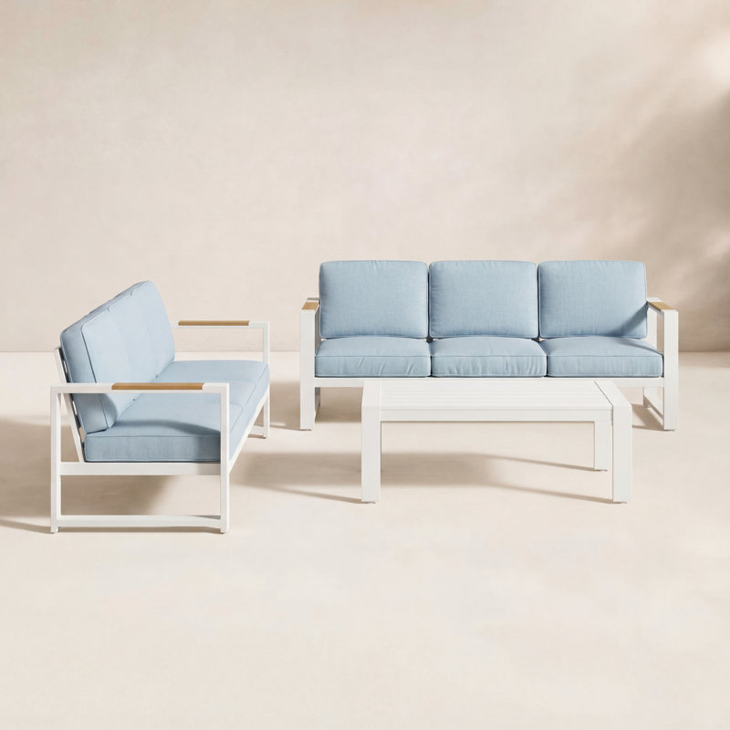 Ensemble de conversation 3 pièces avec canapé et table basse d'extérieur Jayton, Coussin bleu / cadre blanc