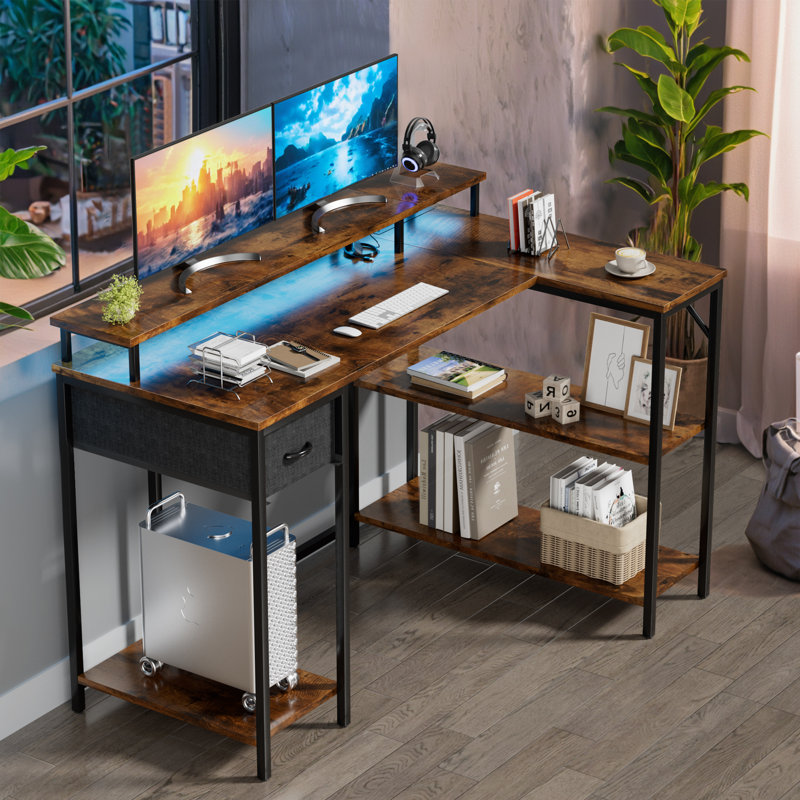 Katalina 48.4"Reversible L-Shaped Desk with LED with Power Outlets and Shelves, Brown