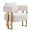 Chaise blanche avec pattes dorées et revêtement en molleton doux pour un confort optimal au bureau. Rembourrage moelleux et élégant en métal.