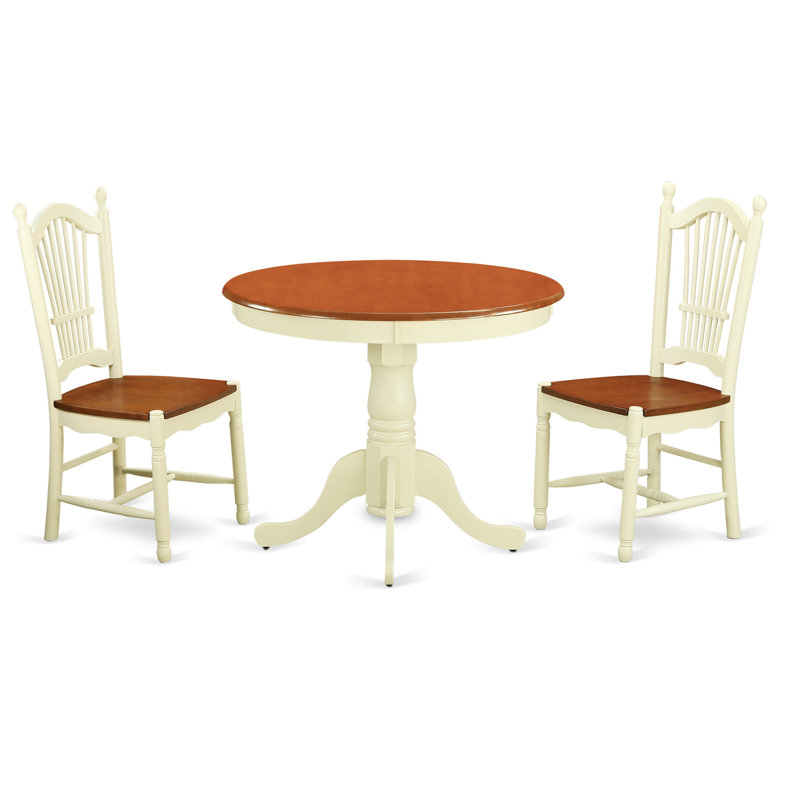 3 Piece Kitchen Table & Chairs Set Contains a Round Dining Room Table with Pedestal and 2 Solid Wood Seat Chairs, Buttermilk & Cherry