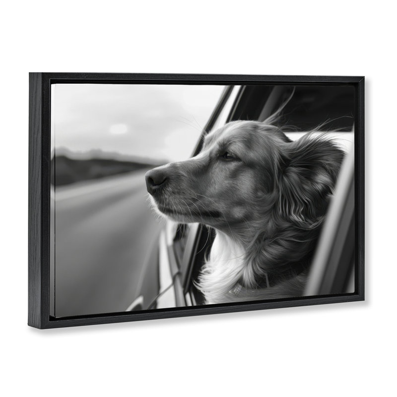 «Dog Out Car Window», art mural sur toile flottante, design par LSR Creative Studio, Cadre flottant noir de jais