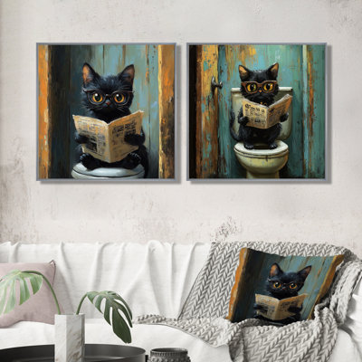 Mignon journal prêt pour chat sur la toilette I - Art mural pour chat - art mural moderne pour le salon 2 pièces