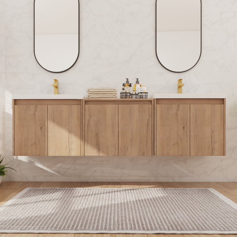Double meuble-lavabo mural 72 po avec lavabo en résine, meuble-lavabo flottant avec 6 portes et 1 tablette réglable