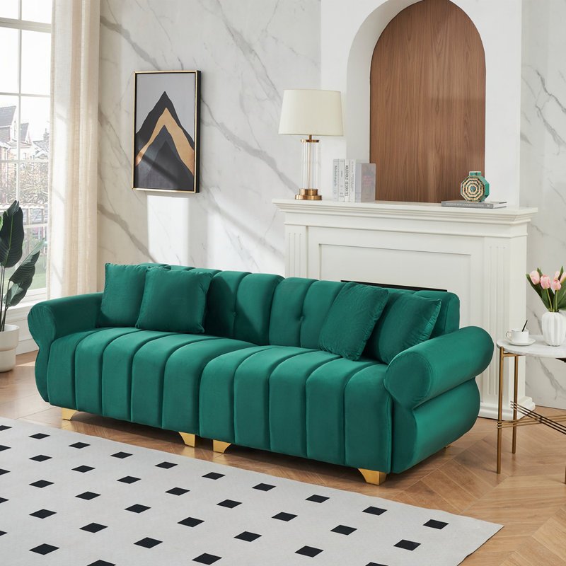 " modern 3-seater flannelette sofa | spring-wrapped cushions | stylish metal feet | 4 throw pillows | living room & bedroom