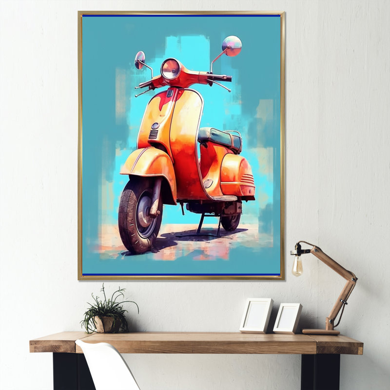 Corail bleu sarcelle, affichage de scooter III sur toile, Cadre flottant doré, H 20 po x l 12 po x P 1 po