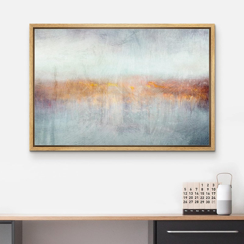 «Minimal Landscape Pastel Teal Orange Abstract Landscape Minimalist Decor Contemporary», reproduction d'art encadrée sur toile