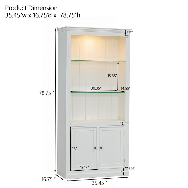 Tall Glass Display Cabinet With 2 Adjustable Shelves,Curio Display Cabinet With 5 Colours Adjustable LED Ceiling Light , Tempered Glass Floor Standing Bookcase With 2 Doors Cabinet For Living Room, Bedroom, 78.75’’X 35.45’’ X 16.75’’, White