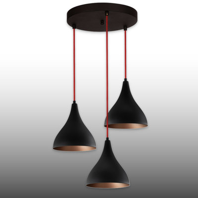 Modern 3-Light Cluster Pendant With Black Shades And Red Cords