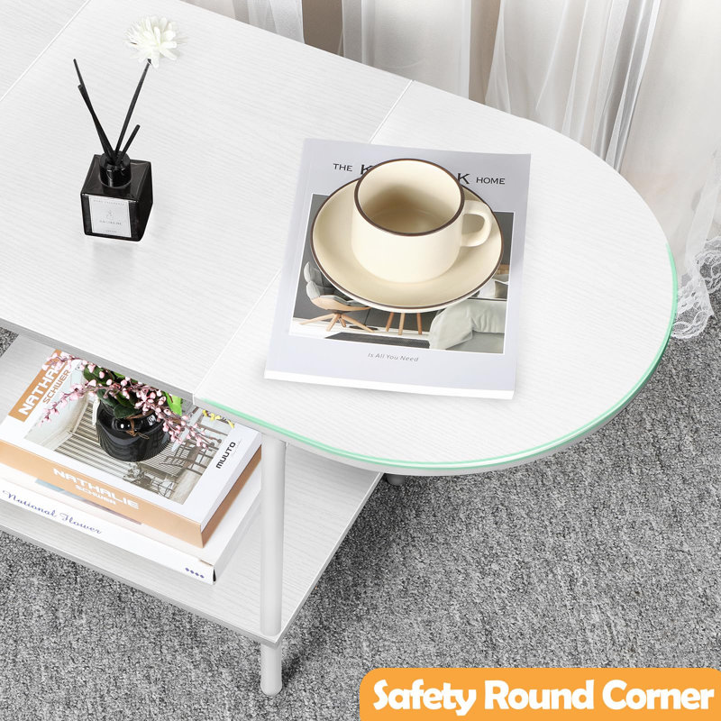 White Oval Wood Coffee Table with Storage Shelf