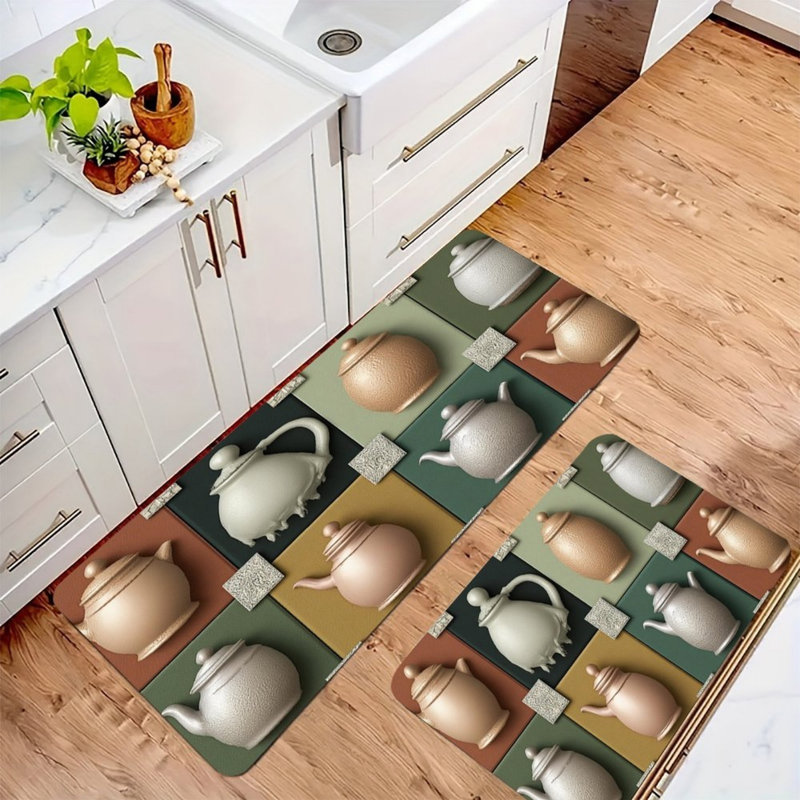 Multicolore, ensemble de 2 tapis de cuisine à motif de théière rétro pour salle à manger