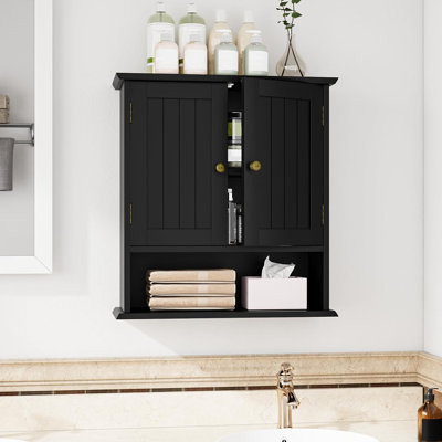  Armoire de salle de bain murale avec 2 portes et tablette ouverte, armoire de salle de bain, rangement mural au-dessus de la toilette, armoires à pharmacie en bois