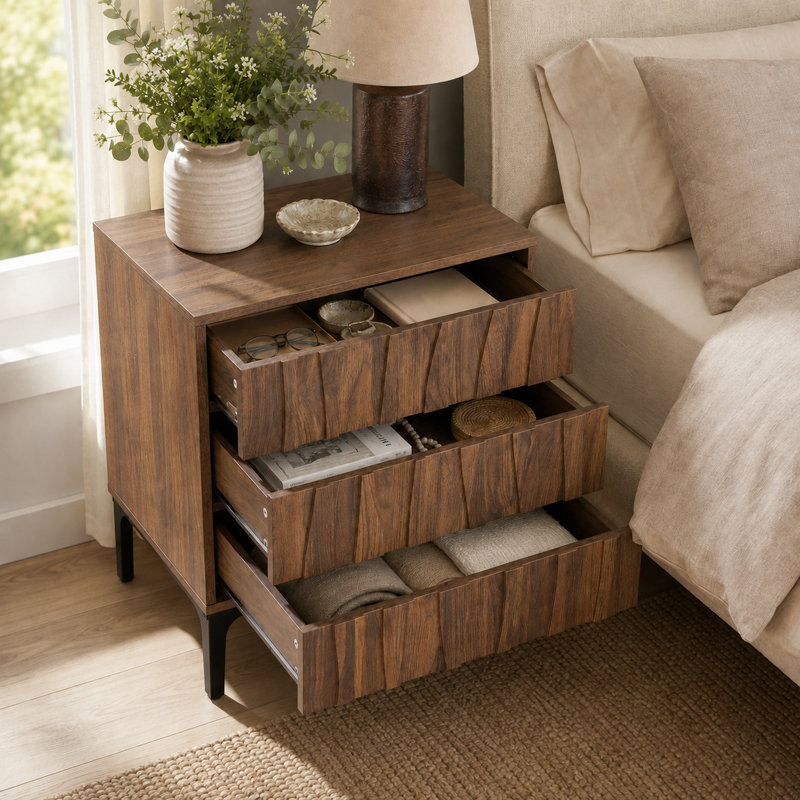 Table de chevet 3 tiroirs de style Mid-Century moderne avec façades en bois texturé, Brown, Individuel