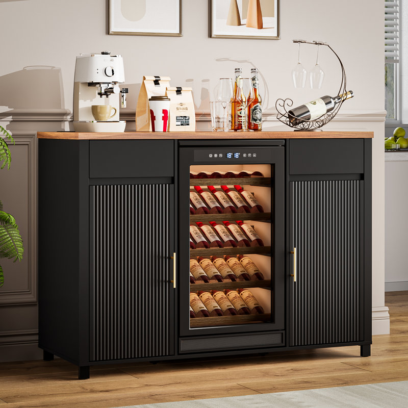 Grande armoire à café de 53,2 po de largeur avec espace pour réfrigérateur (réfrigérateur non inclus), armoires à boissons alcoolisées avec tiroir et rangement, buffet pour la maison, conception moderne cannelée