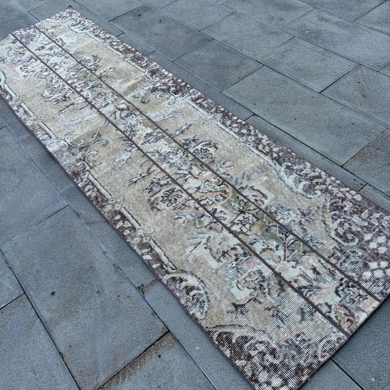 Vintage Turkish Patchwork Runner Rug with Floral Pattern in Soft Beige for Hallways