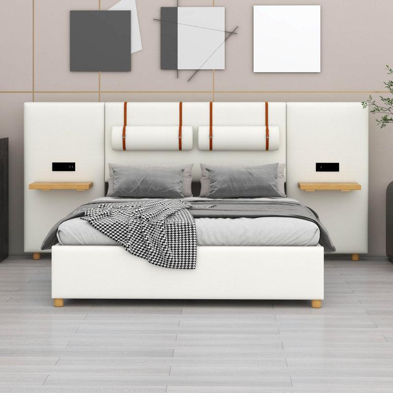 Lit plateforme tapissier en velours grand format - prises double face / ports USB, 2 coussins de chevet et tablettes de rangement