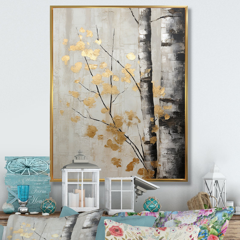 Tree Whispers Of Grey and Gold - Reproduction d'art sur toile encadrée monochrome, H 20 po x l 12 po x P 1 po