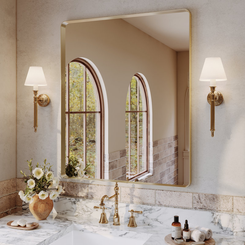 Lunara 1.18" Deep Rounded Corner Rectangular Bathroom Wall Mirror with Premium Tempered Glass & Aluminum Alloy Framed, Gold