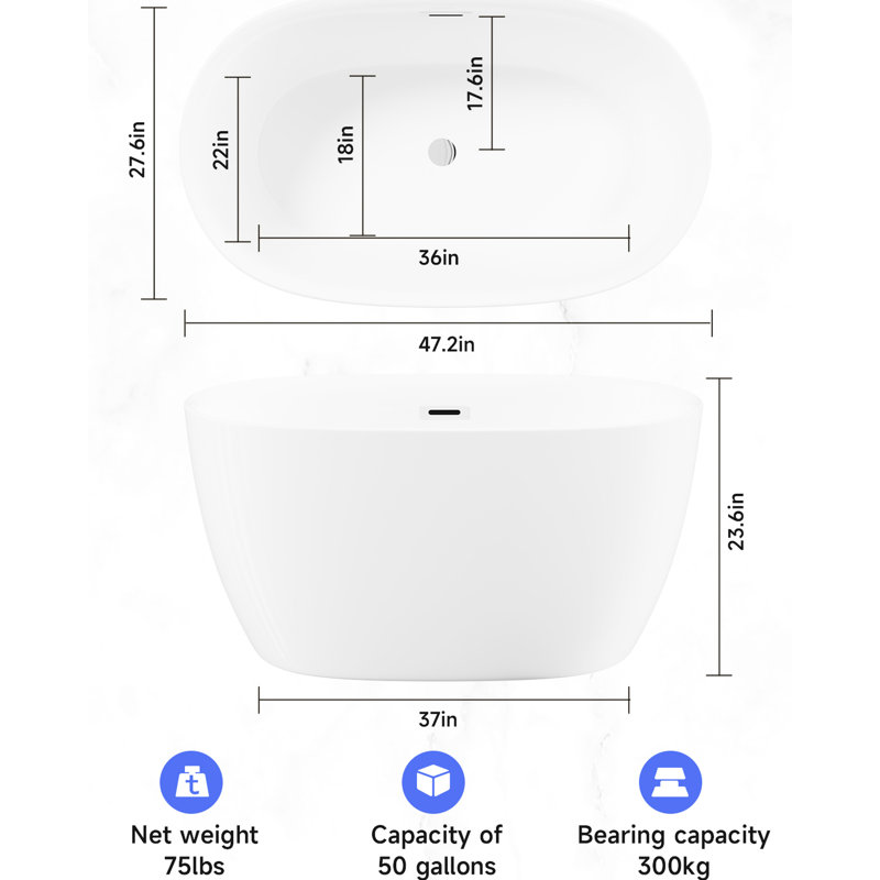 47'' Oval Acrylic Bathtub - Freestanding, Material, Drain, White Tub Freestanding Oval, Modern Bathroom Accessory, Approved