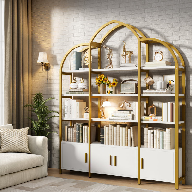 Triple Wide 5 Tier Tall Arched Bookshelf And Bookcase With 3 Cabinets, Industrial Metal Etagere Open Bookshelf, Rustic Wood Standing Book Shelf With Black Metal Frame For Bedroom Living Room, Gold