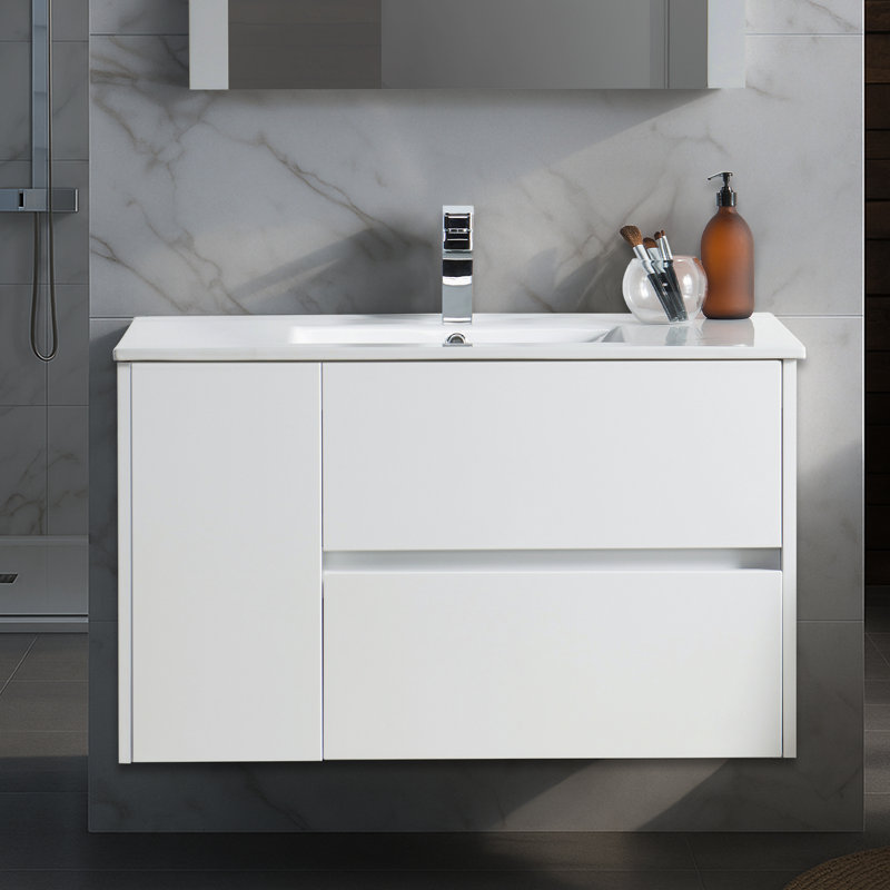 Meuble-lavabo flottant 36 po avec lavabo en céramique Blossom, Blanc lustré