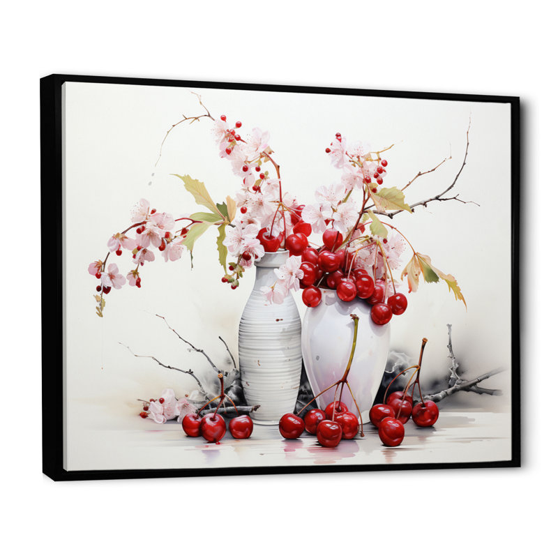 Cherry Simplicity - fruits, art mural, Cadre flottant noir, H 34 po x l 44 po x P 1,5 po