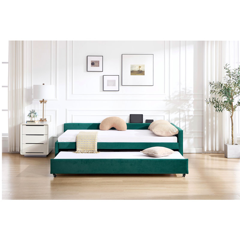 Lit de jour rembourré avec lit gigogne, structure de lit en bois robuste, conception de grille de diamant moderne, pour chambre à coucher, chambre d'amis (émeraude)