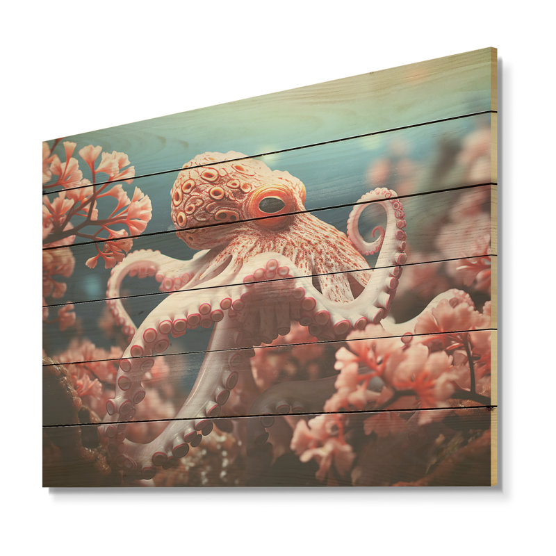 Pieuvre rose, jardin de la tranquillité - art mural en bois de pieuvre sur bois de pin naturel, H 30 po x l 40 po