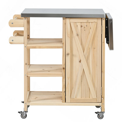 Îlot de cuisine d'extérieur pliable et chariot de préparation mobile avec roulettes verrouillables et armoire, naturel
