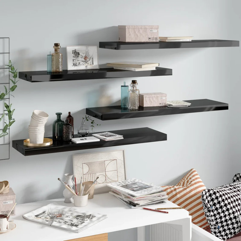 Arsis 4 Piece Metal Floating Shelf, High Gloss Black, 3.8cm H x 23.5cm W x 90cm D