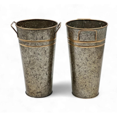 Hosley Set of 2 Zinc Finish Bucket/Pot Vase with PVC Liner, 5" Dia x 9" H Ideal Gift for Floral Arrangements Wedding Home Office Party DIY Indoor Outdoor Garden Patio