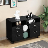 Wheeled Mobile File Cabinet with 4 Drawers and Shelves and Open Storage, Locking Lateral Filing Cabinet for Home Office, Black