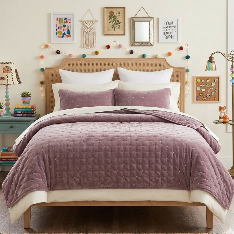Polyester Velvet Quilt, Twin Quilt + 1 Standard Sham, Green