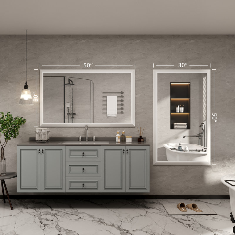Molly Tempered Glass Metal Beveled Framed Wall Mounted Vanity Rectangular Mirror, 50" x 30", White