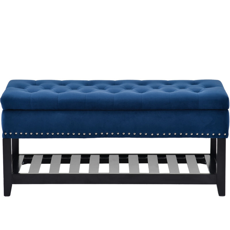 Banc de rangement en bois massif Radwa, Bleu marine