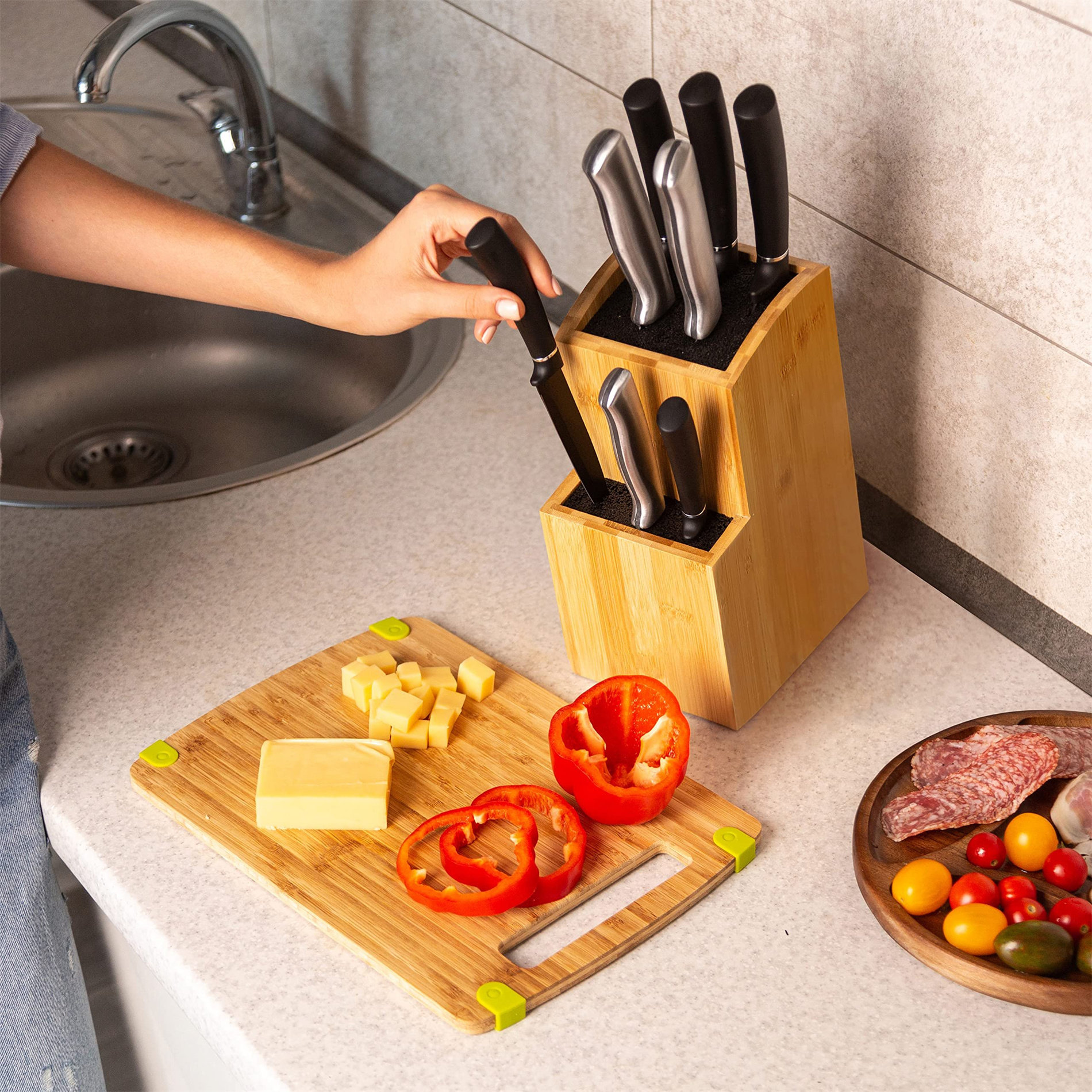 Deluxe Universal Knife Block with Slots Bamboo Knife Holder Rectangula