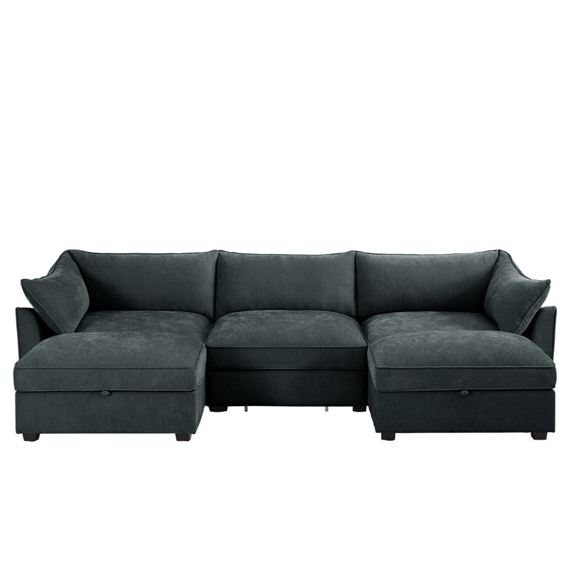 Meneo U-Shaped Chenille Sectional Sofa with 2 Ottomans & Storage, Gray Chenille