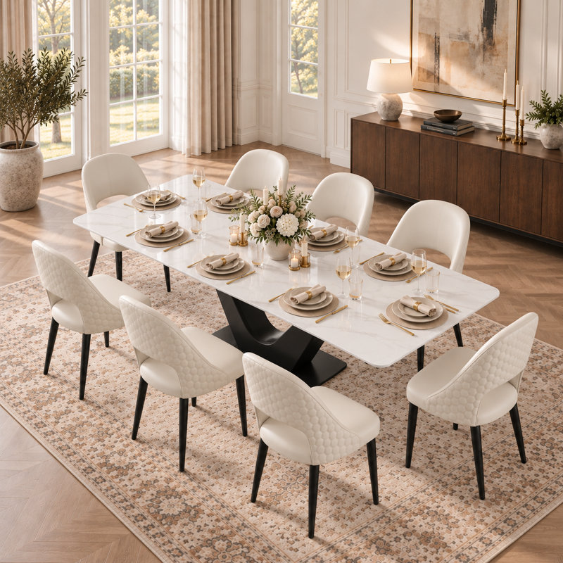 Ensemble de table et chaises de salle à manger rectangulaires modernes de 200 cm (78,7 po), table en pierre frittée blanche brillante avec 8 chaises de salle à manger en similicuir beige