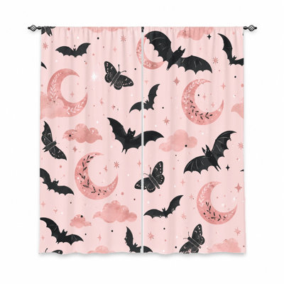 2Pcs Halloween Bat and Moon Curtains, light filtering fabric, cute whimsical circular print pattern, sunshade privacy protection, rod-pocket design, suitable for living room, bedroom, balcony, kitchen home decoration