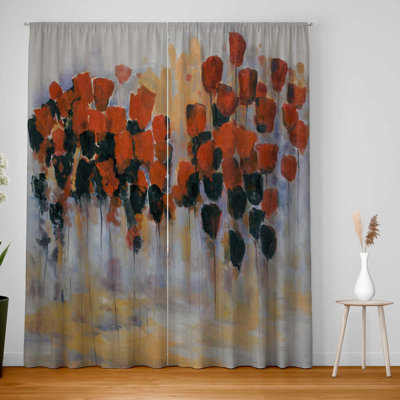 Red Flowers Field Blackout Curtains Pair for Home Decor