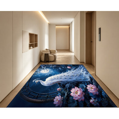 Tapis lavable à la machine à motif paon et lotus artistique, avec envers antidérapant. Décor chaleureux et confortable pour salon, chambre, salle à manger, couloir, bureau, terrasse, appartement.