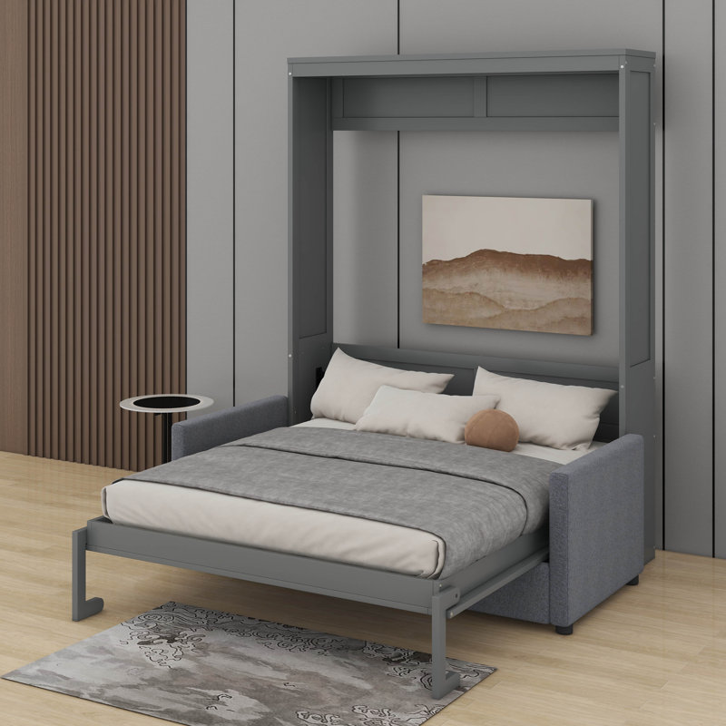 Lit escamotable double pleine grandeur avec coussin, Gris