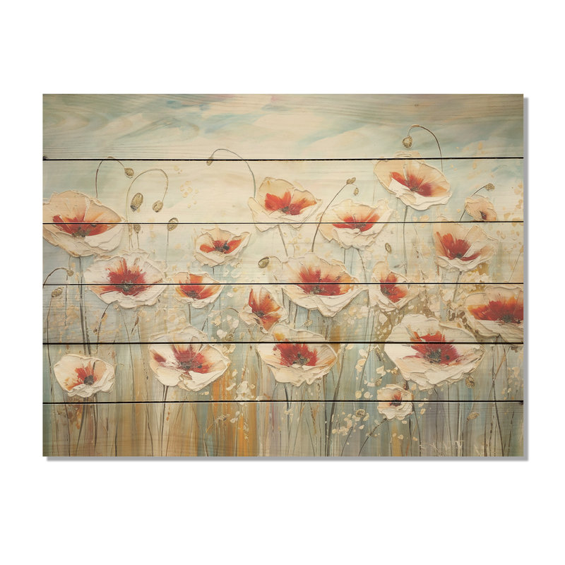Champ de coquelicots rouges et gris - coquelicots, art mural sur bois de pin naturel, H 24 po x l 32 po