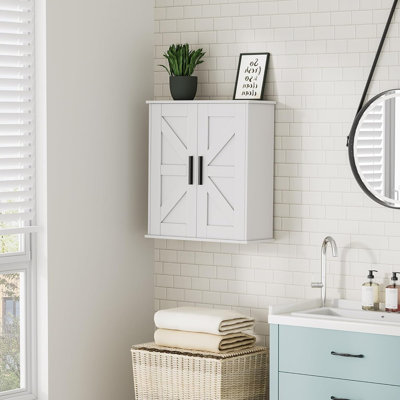 Wall Mounted Bathroom Storage Cabinet With Adjustable Shelves, Barn Doors (White)