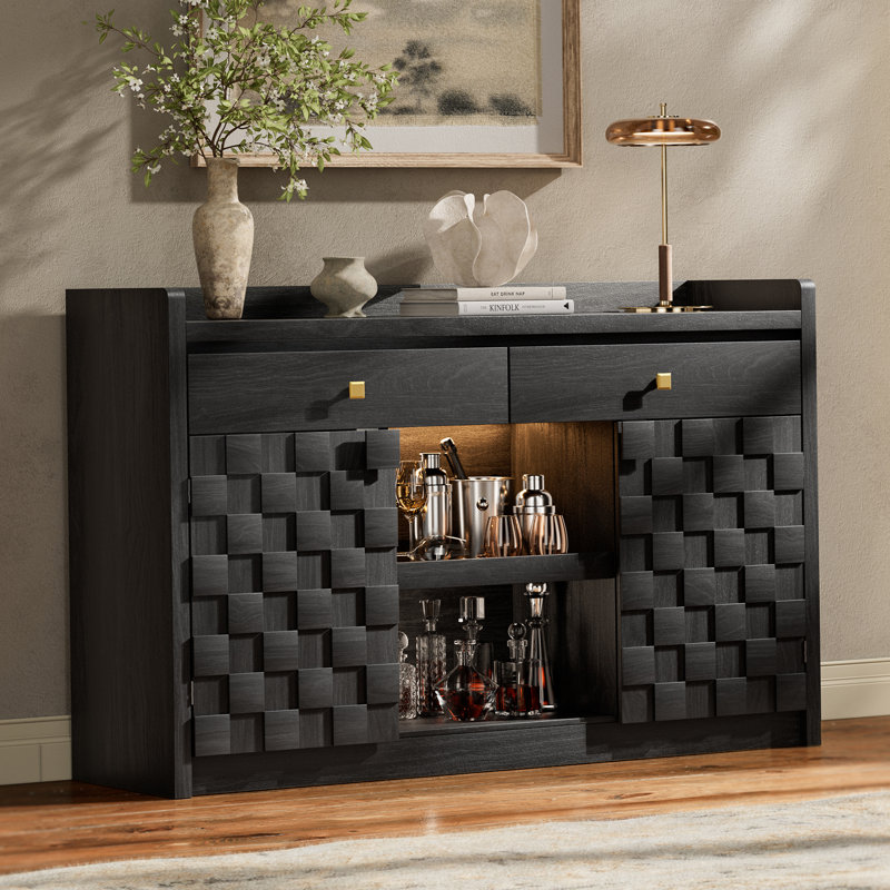 55" Sideboard Buffet Cabinet with Charging Station & LED Light, Coffee Bar Cabinet with Drawers, Pull-Out Shelf & Door Rack, Modern Storage Cabinet for Kitchen, Dining Room
